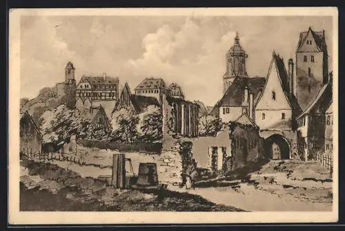 Künstler-AK Meissen, Alt-Meissen, Ehemalige Stadttore, Superintendentur, Stadtmauerturm in der landwirtschaftlichen Schule