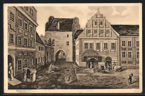 Lithographie Meissen, Alt-Meissen, Fleischertor von innen, Fleischergasse, Kochsches Haus