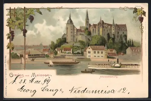 Lithographie Meissen, Albrechtsburg, Dampfschiffe, Elbansicht