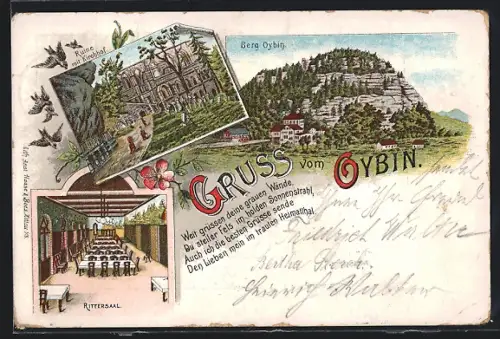 Lithographie Oybin, Berg Oybin, Ruine mit Kirchhof, Inneres Rittersaal