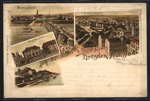 Lithographie Dresden-Neustadt, Ortsansicht, Neustädter Markt, Italienisches Dörfchen