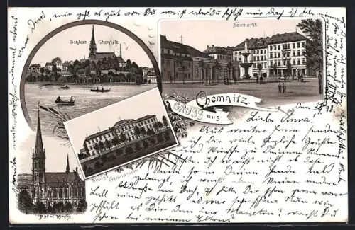 Lithographie Chemnitz, Neumarkt, Schloss, Petri-Kirche, Königl. Gymnasium