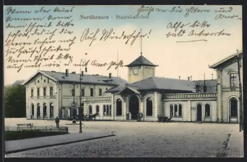 AK Nordhausen, Staatsbahnhof mit Strassenpartie