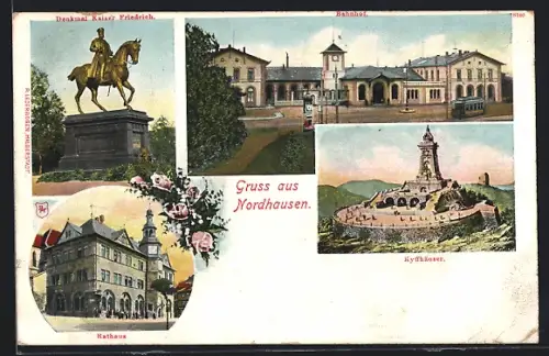 Lithographie Nordhausen, Bahnhof, Rathaus, Kaiser Friedrich-Denkmal und Kyffhäuser-Denkmal