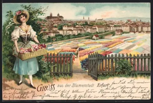 Lithographie Erfurt, Teilansicht mit Blumenbeeten