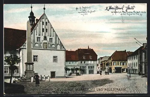 AK Buttstädt in Thür., Marktplatz und Neue Strasse mit Fahrradhandlung