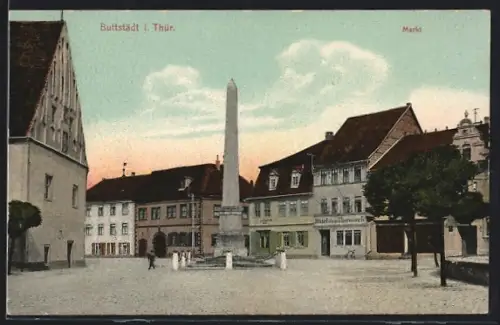 AK Buttstädt i. Thür., Hotel zum Harnisch am Markt mit Denkmal