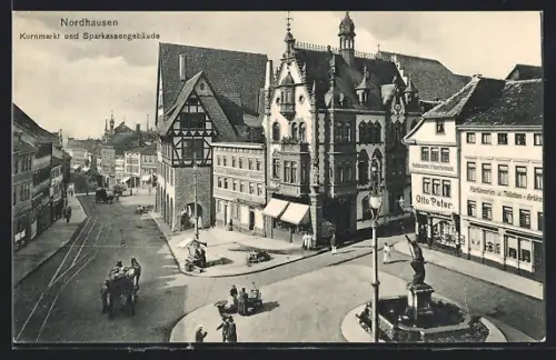 AK Nordhausen, Kornmarkt mit Geschäften und Sparkassengebäude
