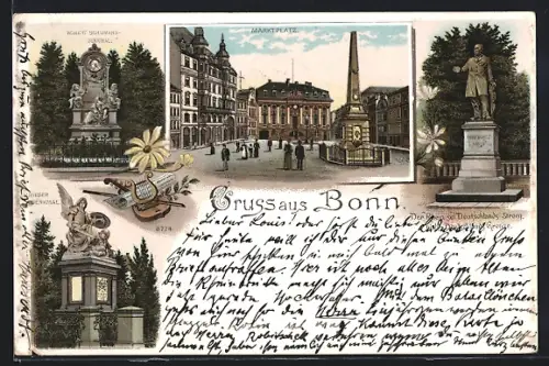 Lithographie Bonn, Marktplatz und Denkmäler