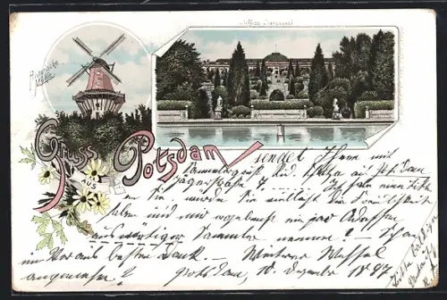 Lithographie Potsdam, Schloss Sanssouci, Historische Windmühle