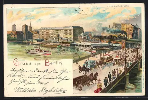 Lithographie Berlin, Jannowitzbrücke, Pferdebahn und Pferdekutschen