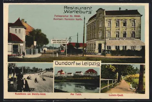 AK Gundorf bei Leipzig, Restaurant Warteburg, Rodelbahn und Luisen-Quelle