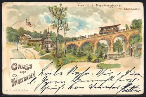 Lithographie Wiesbaden, Viaduct der Nerobergbahn