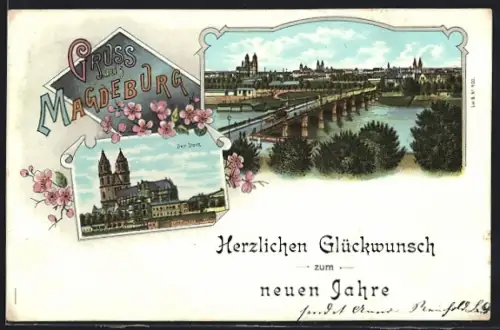 Lithographie Magdeburg, Der Dom und Totalansicht mit Flusspartie aus der Vogelschau
