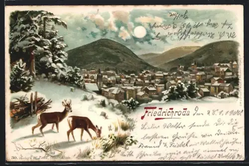 Lithographie Friedrichroda, Ortsansicht im Winter, Rehe