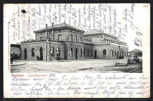 AK Bochum, Süd-Bahnhof mit Strassenpartie