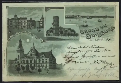 Mondschein-Lithographie Duisburg, Neues Rathaus, Friedrich Wilhelm-Platz, Wasserturm auf dem Kaiserberg