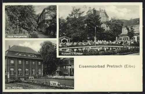 AK Pretzsch /Elbe, Hotel Haus Margarethe, Kurpark und Kursaal, Moorbad
