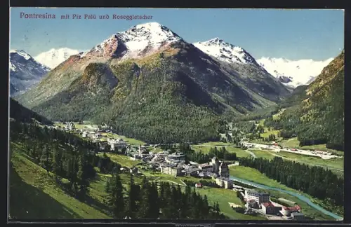 AK Pontresina, Panorama mit Piz Palü und Roseggletscher