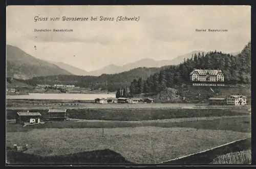 AK Davos, Davoser See mit Basler Sanatorium, Deutsches Sanatorium