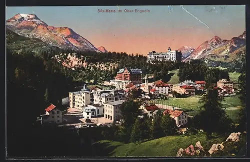 AK Sils-Maria im Ober-Engadin, Gesamtansicht mit Gebirgspanorama
