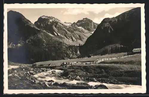 AK Sertig bei Davos, Panorama mit Bach, Plattenhorn und Hoch-Ducan