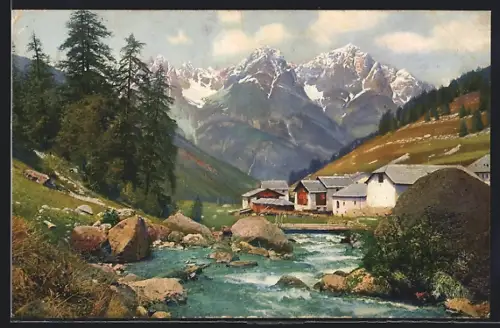 Künstler-AK Photochromie Nr. 3761: Schuls-Tarasp, Partie am Fluss