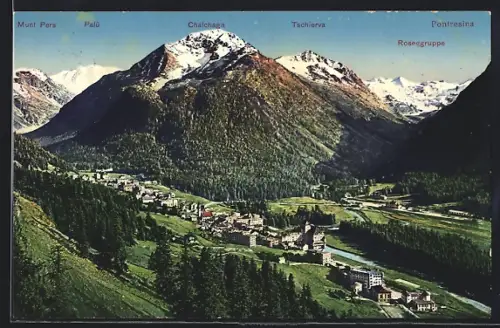 AK Pontresina, Ortspanorama mit Munt Pers, Palü, Chalchagn, Tschierva und Roseggruppe