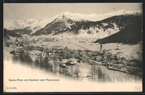 AK Davos-Platz, Ortsansicht mit Seehorn und Pischahorn