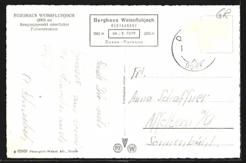 AK Davos-Parsenn, Berghaus Weissfluhjoch, Inh. B. Fopp, mit verschneiter Umgebung