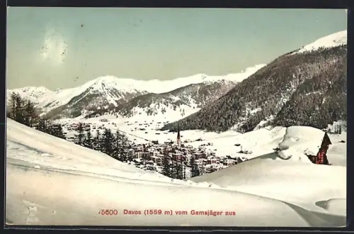 AK Davos, Gesamtansicht im Schnee vom Gemsjäger aus