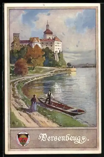 AK Persenbeug, Uferpartie m. Schloss & Ruderer, Deutscher Schulverein