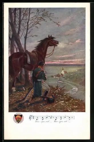 AK Deutscher Schulverein Nr. 151: Morgenrot!, Husar betet neben seinem Pferd