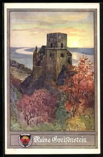Künstler-AK Greifenstein, Burgruine an einem milden Herbstabend, Deutscher Schulverein