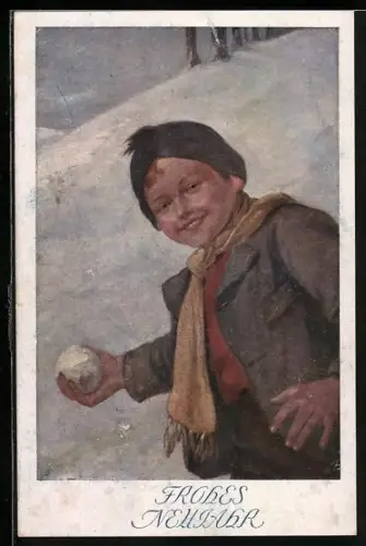 AK Deutscher Schulverein Nr. 115: Junge mit einem Schneeball, Neujahrsgruss