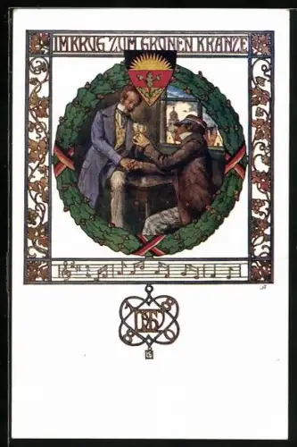 AK Deutscher Schulverein Nr. 64: Im Krug zum grünen Kranze, Burschenschaftler trinken Wein