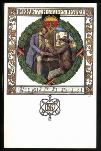 AK Deutscher Schulverein Nr. 64: Im Krug zum grünen Kranze, Burschenschaftler trinken Wein