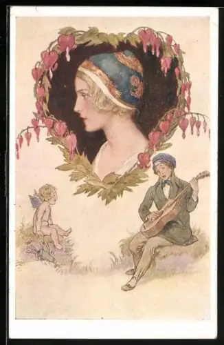 AK Deutscher Schulverein Nr. 1448: Du, du liegst mir im Herzen!, Mann spielt Gitarre, Frauen-Porträt und Engel