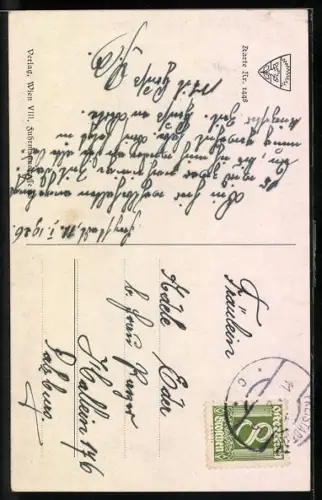 AK Deutscher Schulverein Nr. 1448: Du, du liegst mir im Herzen!, Mann spielt Gitarre, Frauen-Porträt und Engel