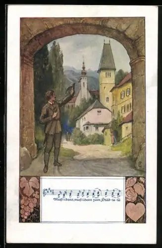 AK Deutscher Schulverein NR 1370: Wanderer verlässt eine Stadt