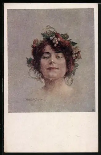 Künstler-AK Deutscher Schulverein NR 1293: T. Welzl, Herbst, Frauenporträt mit Weintrauben im Haar