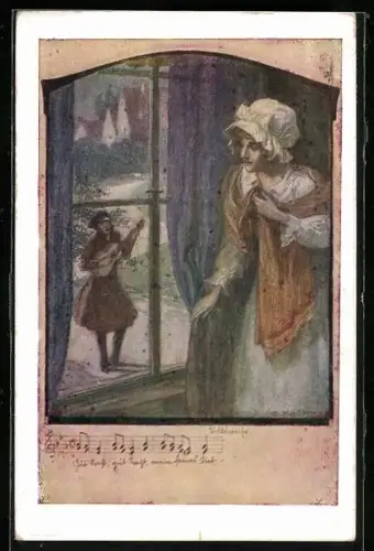 AK Deutscher Schulverein NR: 1220, Musiker vor dem Fenster der Frau