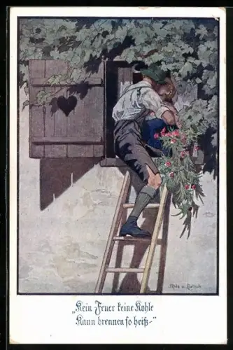 AK Deutscher Schulverein Nr. 1015: Kein Feuer, keine Kohle, kann brennen so heiss..., Liebespaar beim Fensterln