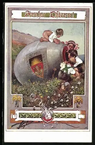 AK Deutscher Schulverein Nr.:469, Frohe Ostern, Kinder spielen an einem grossen Krug