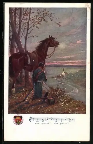 AK Deutscher Schulverein Nr. 151: Morgenrot!, Husar betet neben seinem Pferd