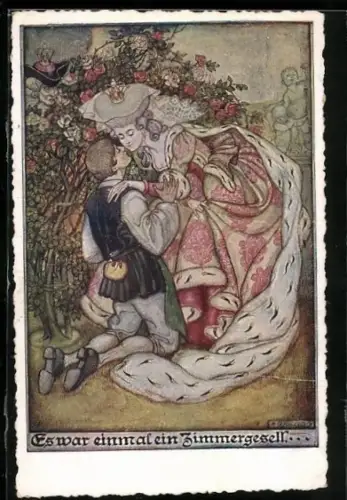 AK Deutscher Schulverein Nr. 1251: Es war einmal ein Zimmergesell...!, Dame küsst Gesellen