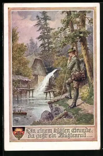 Künstler-AK Kränzle, Deutscher Schulverein Nr. 1149: Wanderer an einer Wassermühle