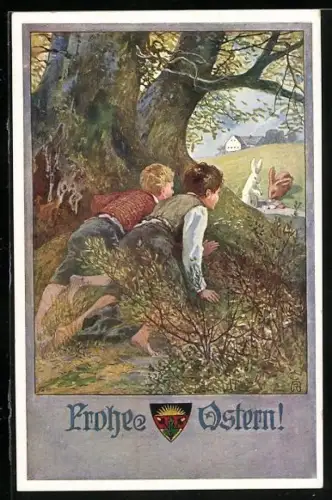 AK Deutscher Schulverein Nr. 573: Zwei Jungen beobachten Osterhasen, Ostergruss