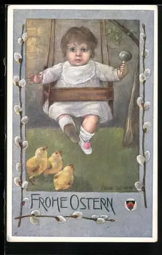 AK Deutscher Schulverein Nr. 95: Frohe Ostern!, Kleinkind schaukelt, Küken
