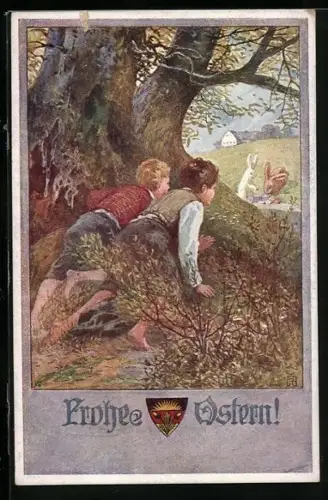 AK Deutscher Schulverein Nr. 573: Zwei Jungen beobachten Osterhasen, Ostergruss
